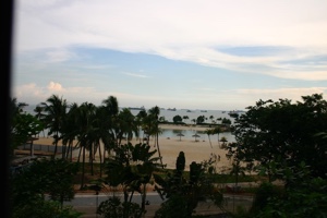 The beaches and lagunas of Sentosa seen from the monorail.